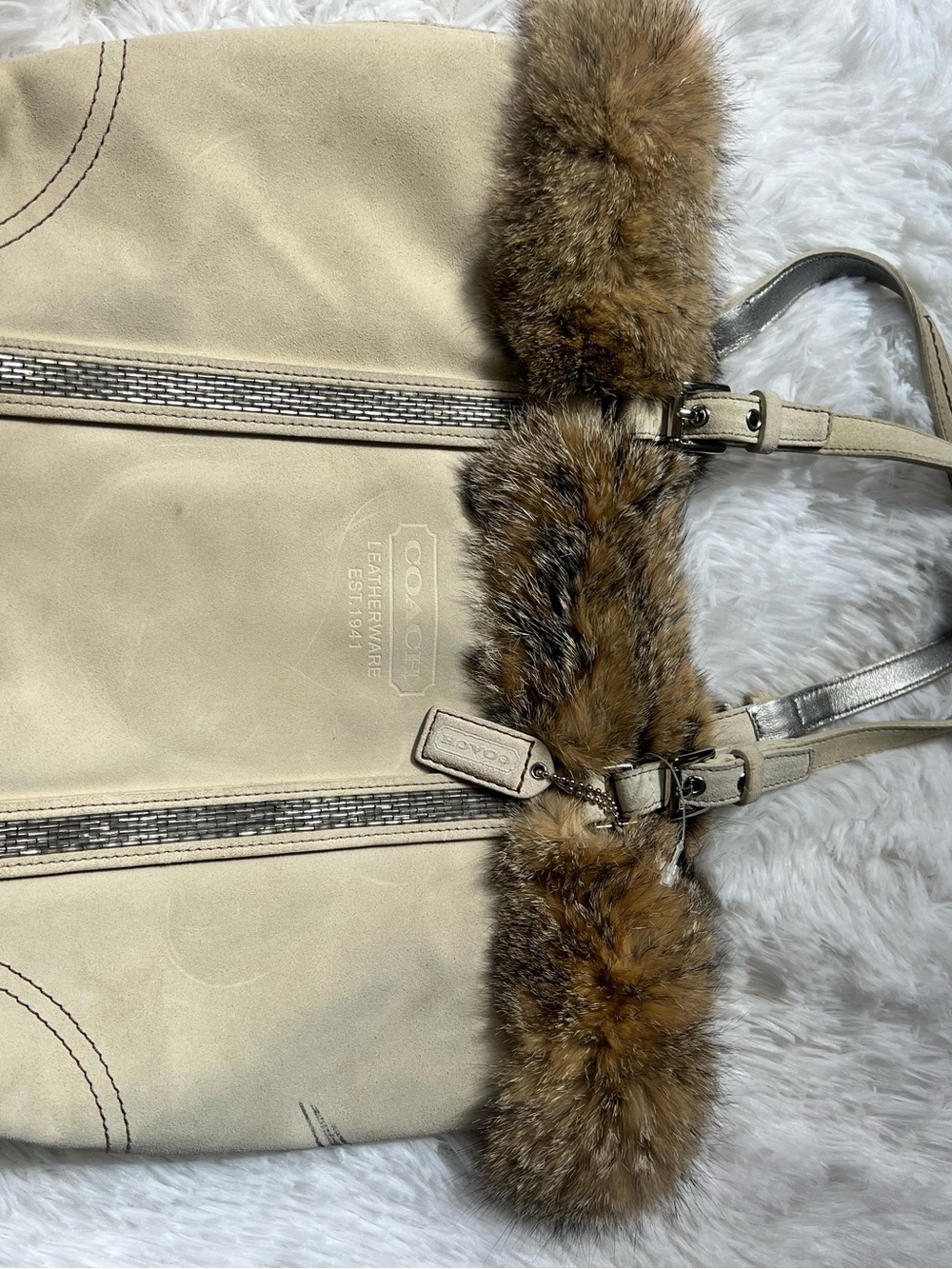 NWT Coach Limited Edition Suede Fox Fur Beaded Tote Bag Purse - Picture 5 of 10